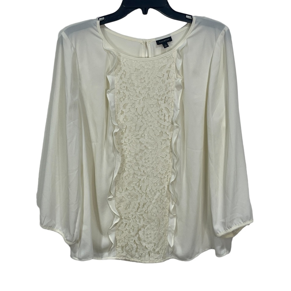 Talbots women’s blouse size L long sleeves beige with ruffle and lace design